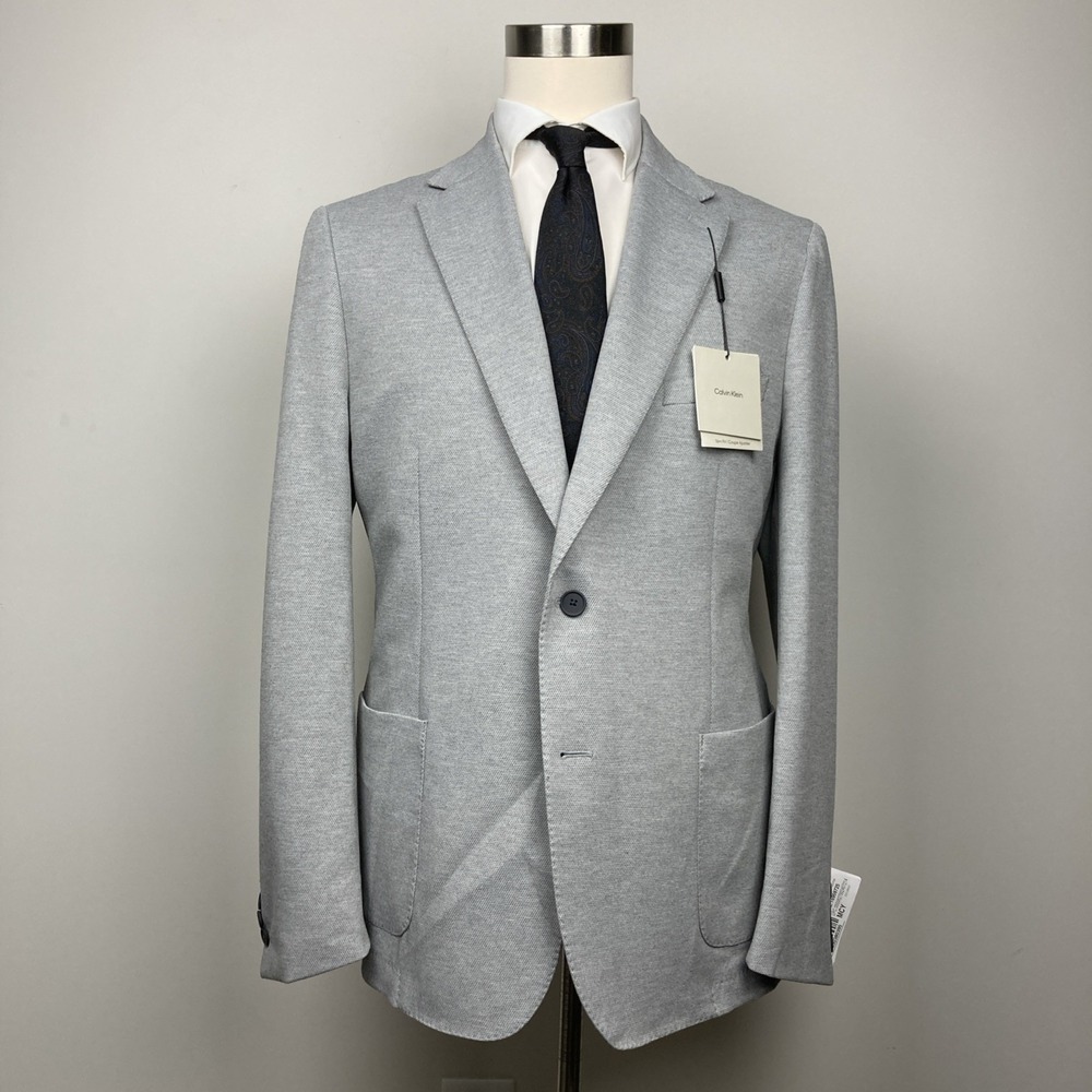 Calvin Klein Mens Slim fit Knit Sport Coat Blazer 42R Light Grey Solid Stretch